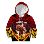 Personalised Gold Coast Suns Football Kid Hoodie Electric Red Flame Mascot Charging Cityscape