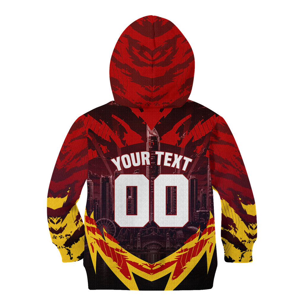 Personalised Gold Coast Suns Football Kid Hoodie Electric Red Flame Mascot Charging Cityscape
