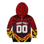 Personalised Gold Coast Suns Football Kid Hoodie Electric Red Flame Mascot Charging Cityscape