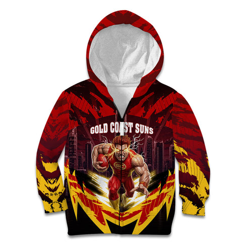 Personalised Gold Coast Suns Football Kid Hoodie Electric Red Flame Mascot Charging Cityscape