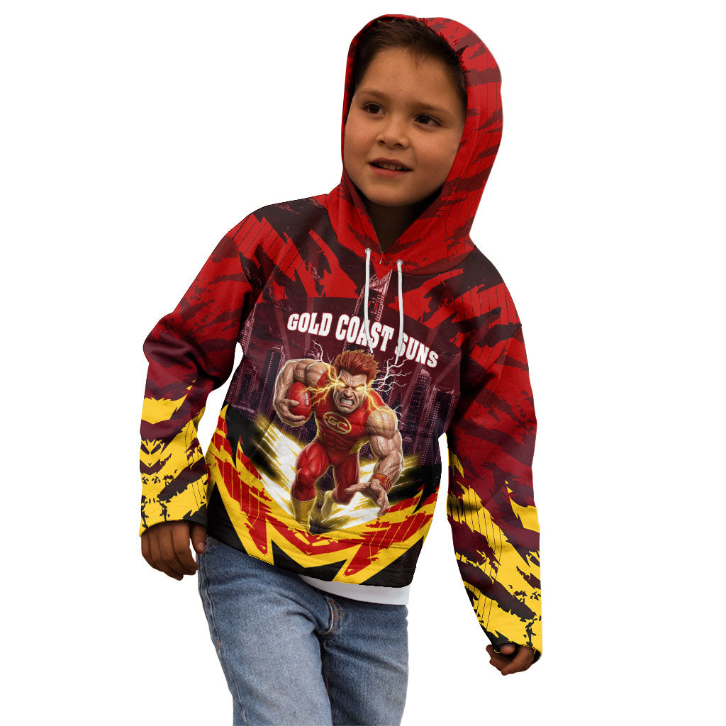 Personalised Gold Coast Suns Football Kid Hoodie Electric Red Flame Mascot Charging Cityscape