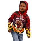 Personalised Gold Coast Suns Football Kid Hoodie Electric Red Flame Mascot Charging Cityscape