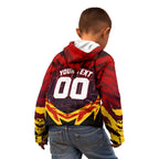 Personalised Gold Coast Suns Football Kid Hoodie Electric Red Flame Mascot Charging Cityscape