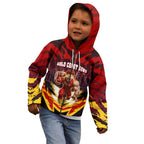 Personalised Gold Coast Suns Football Kid Hoodie Electric Red Flame Mascot Charging Cityscape