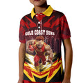 Personalised Gold Coast Suns Football Kid Polo Shirt Electric Red Flame Mascot Charging Cityscape