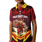 Personalised Gold Coast Suns Football Kid Polo Shirt Electric Red Flame Mascot Charging Cityscape