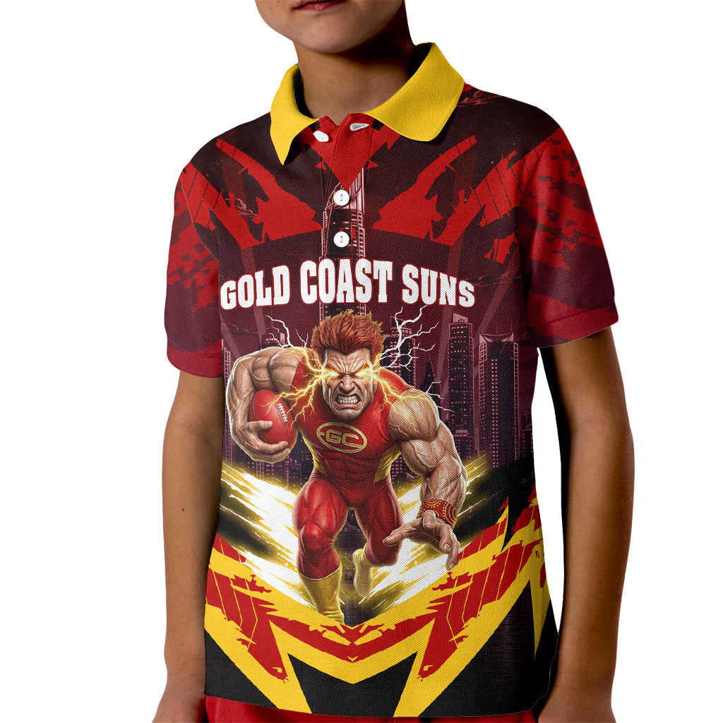 Personalised Gold Coast Suns Football Kid Polo Shirt Electric Red Flame Mascot Charging Cityscape