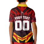 Personalised Gold Coast Suns Football Kid Polo Shirt Electric Red Flame Mascot Charging Cityscape