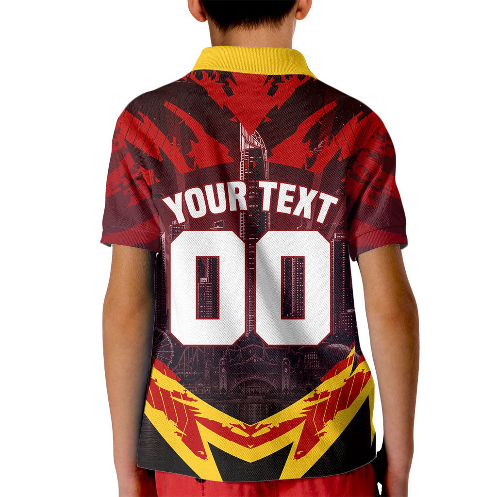 Personalised Gold Coast Suns Football Kid Polo Shirt Electric Red Flame Mascot Charging Cityscape