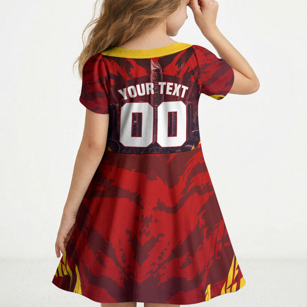 Personalised Gold Coast Suns Football Kid Short Sleeve Dress Electric Red Flame Mascot Charging Cityscape