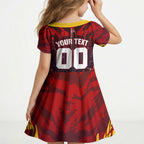 Personalised Gold Coast Suns Football Kid Short Sleeve Dress Electric Red Flame Mascot Charging Cityscape