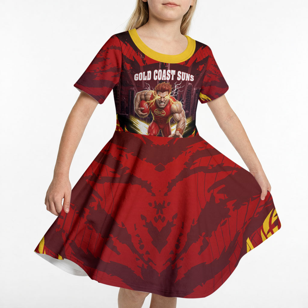 Personalised Gold Coast Suns Football Kid Short Sleeve Dress Electric Red Flame Mascot Charging Cityscape