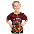 Personalised Gold Coast Suns Football Kid T Shirt Electric Red Flame Mascot Charging Cityscape