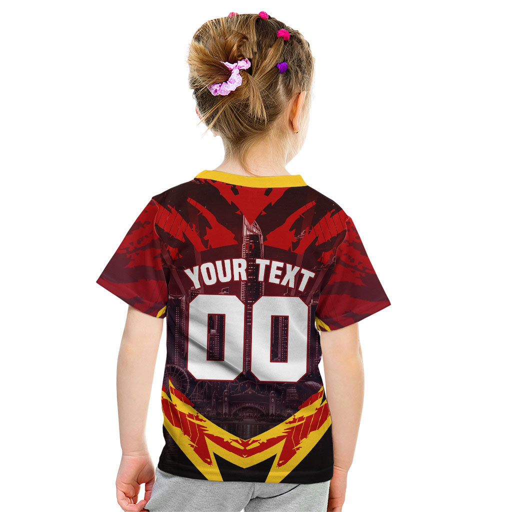 Personalised Gold Coast Suns Football Kid T Shirt Electric Red Flame Mascot Charging Cityscape