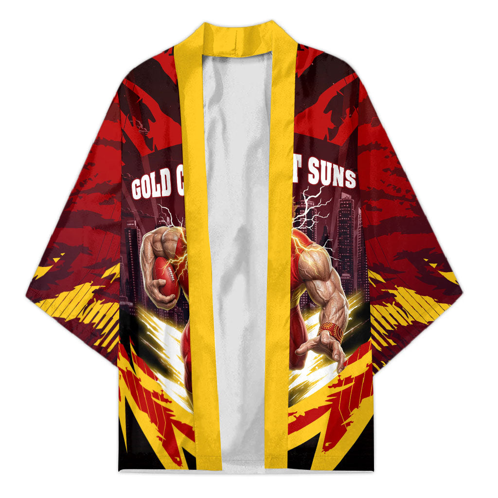 Personalised Gold Coast Suns Football Kimono Electric Red Flame Mascot Charging Cityscape