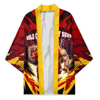 Personalised Gold Coast Suns Football Kimono Electric Red Flame Mascot Charging Cityscape
