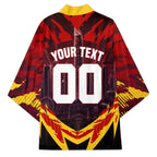 Personalised Gold Coast Suns Football Kimono Electric Red Flame Mascot Charging Cityscape