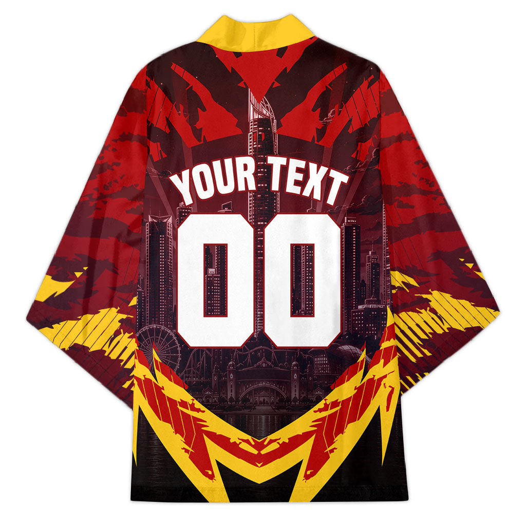 Personalised Gold Coast Suns Football Kimono Electric Red Flame Mascot Charging Cityscape