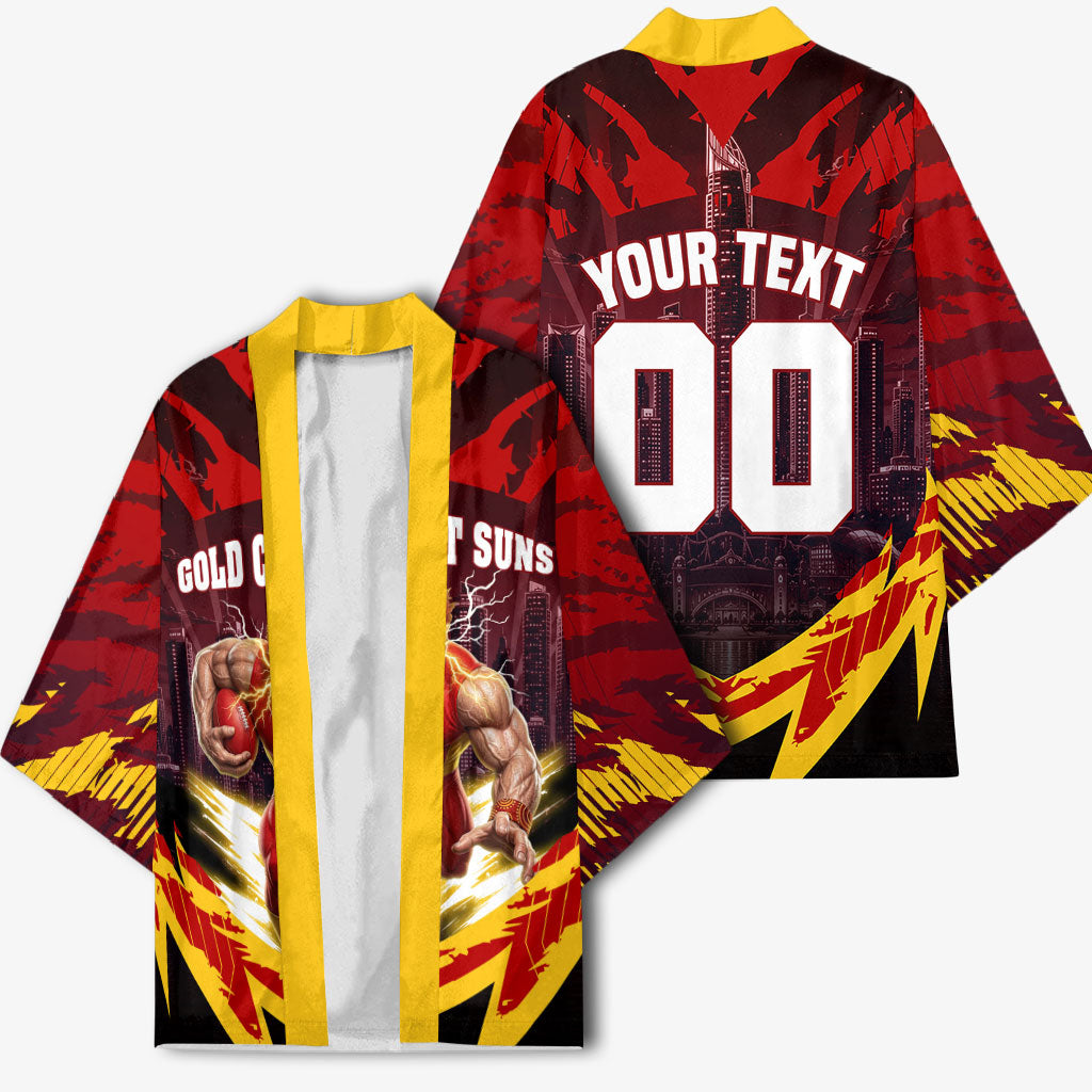 Personalised Gold Coast Suns Football Kimono Electric Red Flame Mascot Charging Cityscape