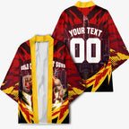 Personalised Gold Coast Suns Football Kimono Electric Red Flame Mascot Charging Cityscape