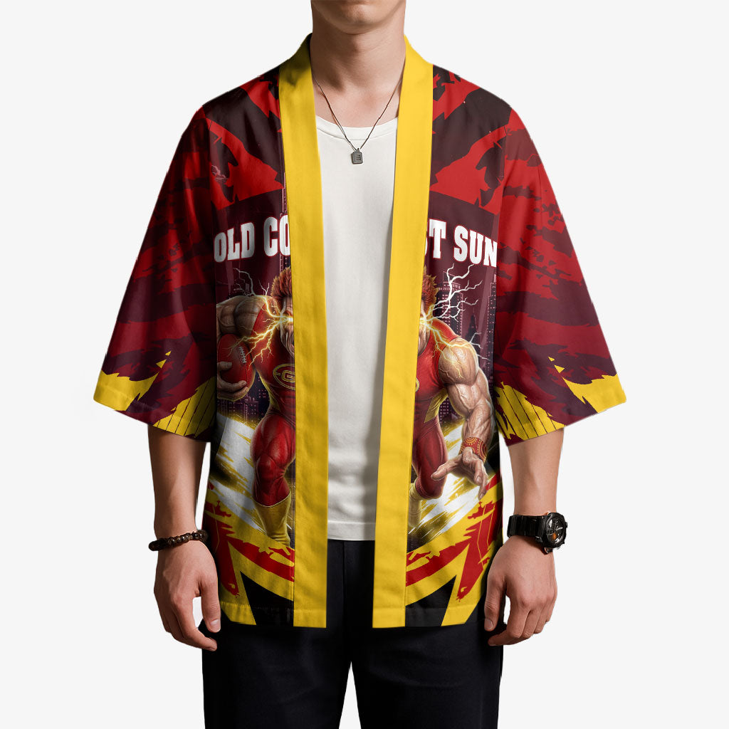 Personalised Gold Coast Suns Football Kimono Electric Red Flame Mascot Charging Cityscape