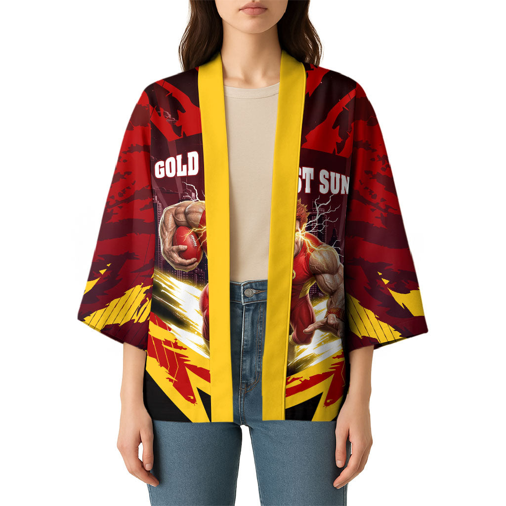 Personalised Gold Coast Suns Football Kimono Electric Red Flame Mascot Charging Cityscape