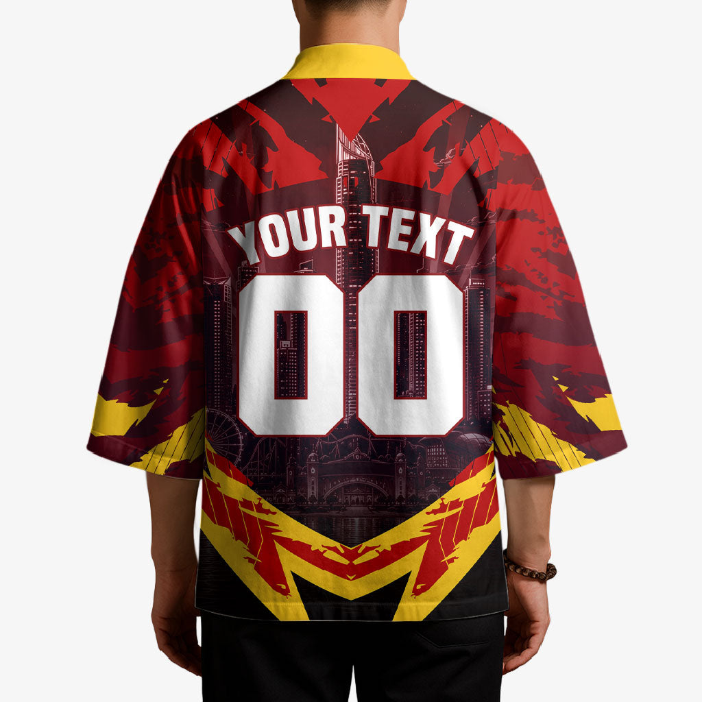 Personalised Gold Coast Suns Football Kimono Electric Red Flame Mascot Charging Cityscape