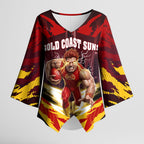 Personalised Gold Coast Suns Football Kimono Sleeve Blouse Electric Red Flame Mascot Charging Cityscape