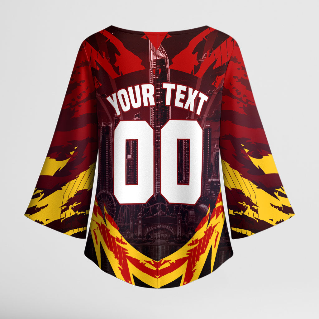 Personalised Gold Coast Suns Football Kimono Sleeve Blouse Electric Red Flame Mascot Charging Cityscape