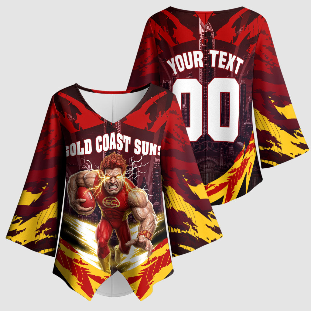 Personalised Gold Coast Suns Football Kimono Sleeve Blouse Electric Red Flame Mascot Charging Cityscape