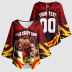 Personalised Gold Coast Suns Football Kimono Sleeve Blouse Electric Red Flame Mascot Charging Cityscape