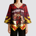 Personalised Gold Coast Suns Football Kimono Sleeve Blouse Electric Red Flame Mascot Charging Cityscape