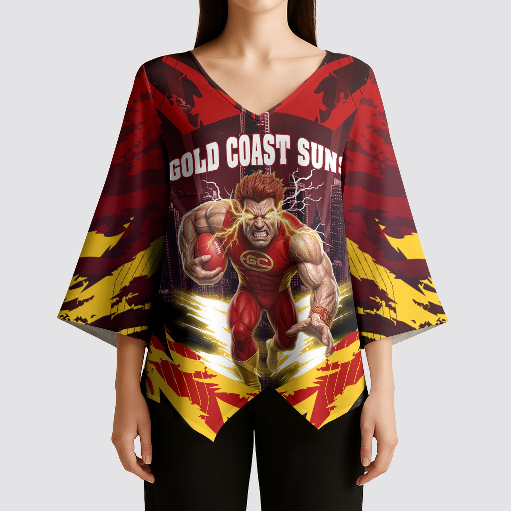 Personalised Gold Coast Suns Football Kimono Sleeve Blouse Electric Red Flame Mascot Charging Cityscape