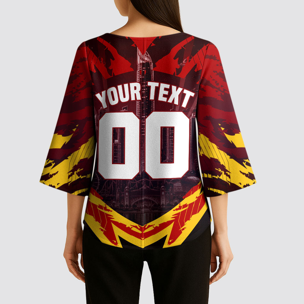 Personalised Gold Coast Suns Football Kimono Sleeve Blouse Electric Red Flame Mascot Charging Cityscape