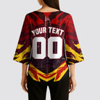 Personalised Gold Coast Suns Football Kimono Sleeve Blouse Electric Red Flame Mascot Charging Cityscape