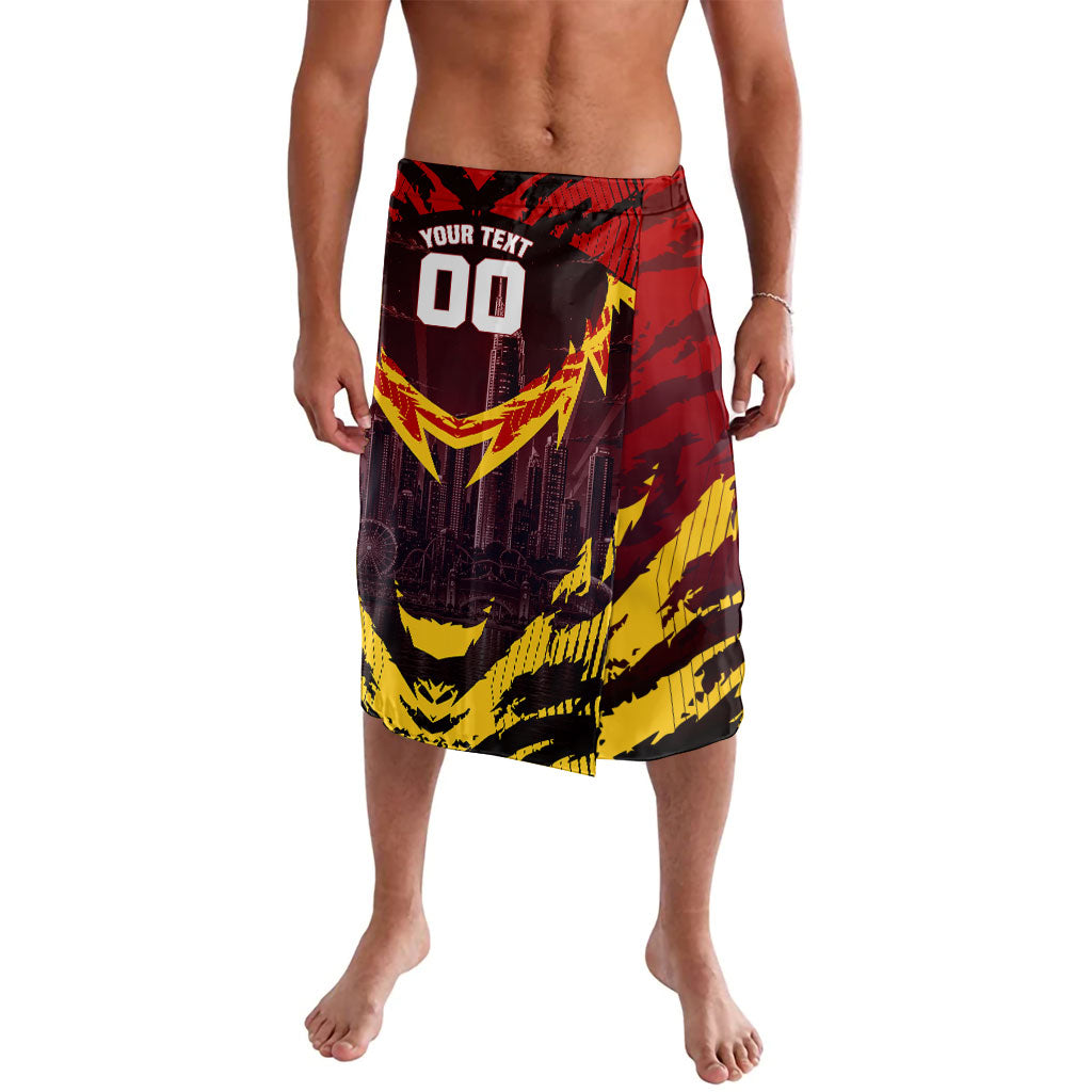 Personalised Gold Coast Suns Football Lavalava Electric Red Flame Mascot Charging Cityscape