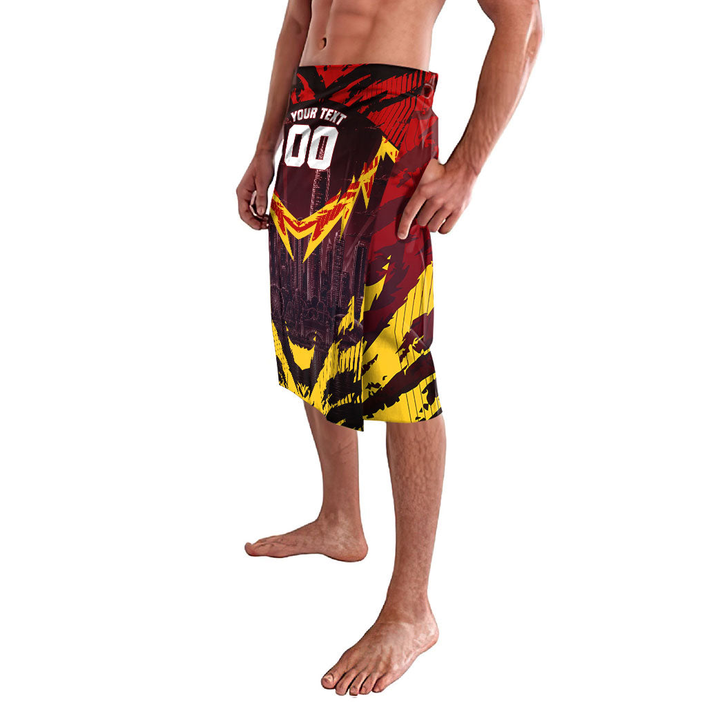 Personalised Gold Coast Suns Football Lavalava Electric Red Flame Mascot Charging Cityscape