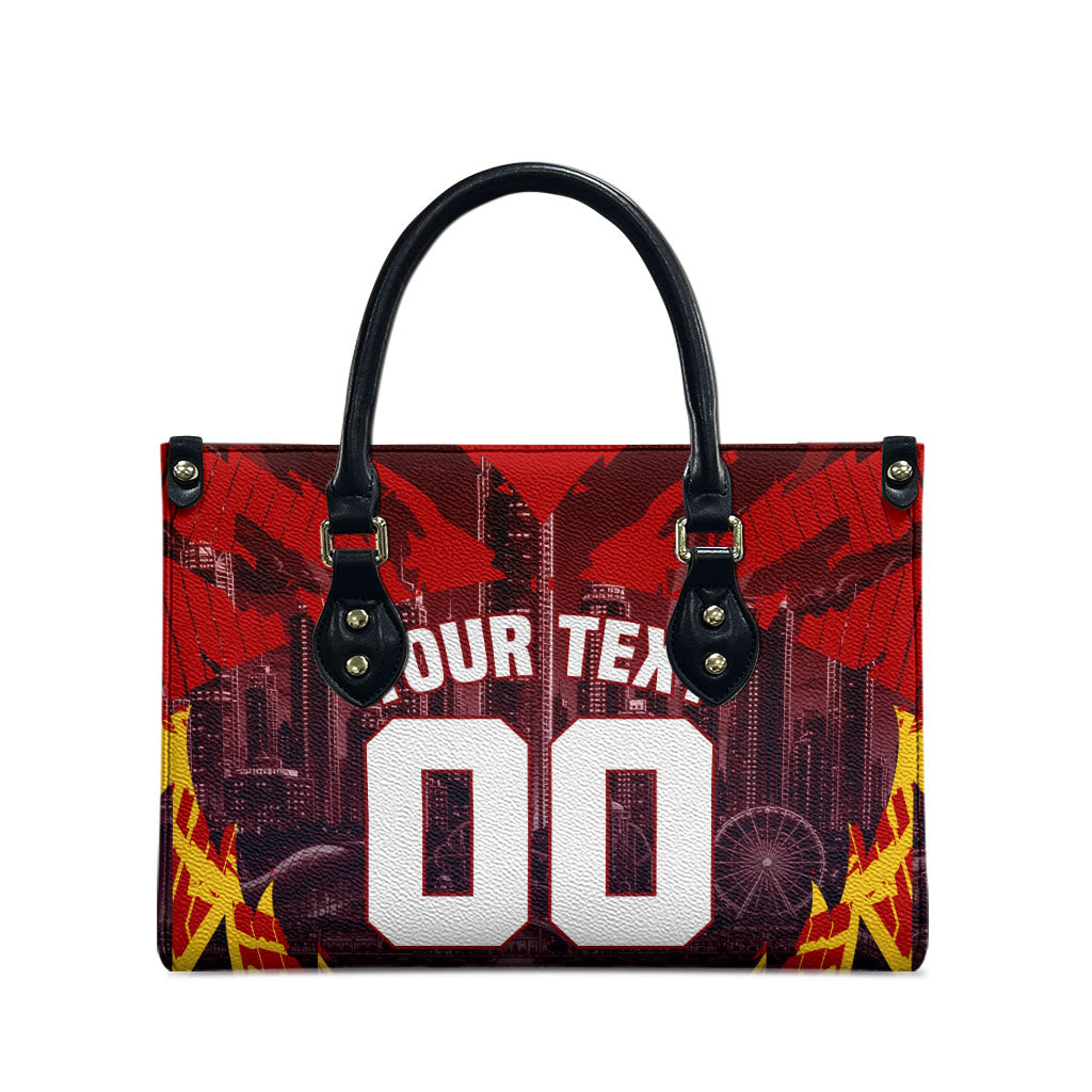 Personalised Gold Coast Suns Football Leather Bag Electric Red Flame Mascot Charging Cityscape