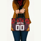 Personalised Gold Coast Suns Football Leather Bag Electric Red Flame Mascot Charging Cityscape