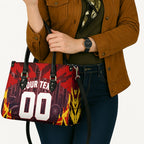 Personalised Gold Coast Suns Football Leather Bag Electric Red Flame Mascot Charging Cityscape