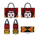 Personalised Gold Coast Suns Football Leather Bag Electric Red Flame Mascot Charging Cityscape