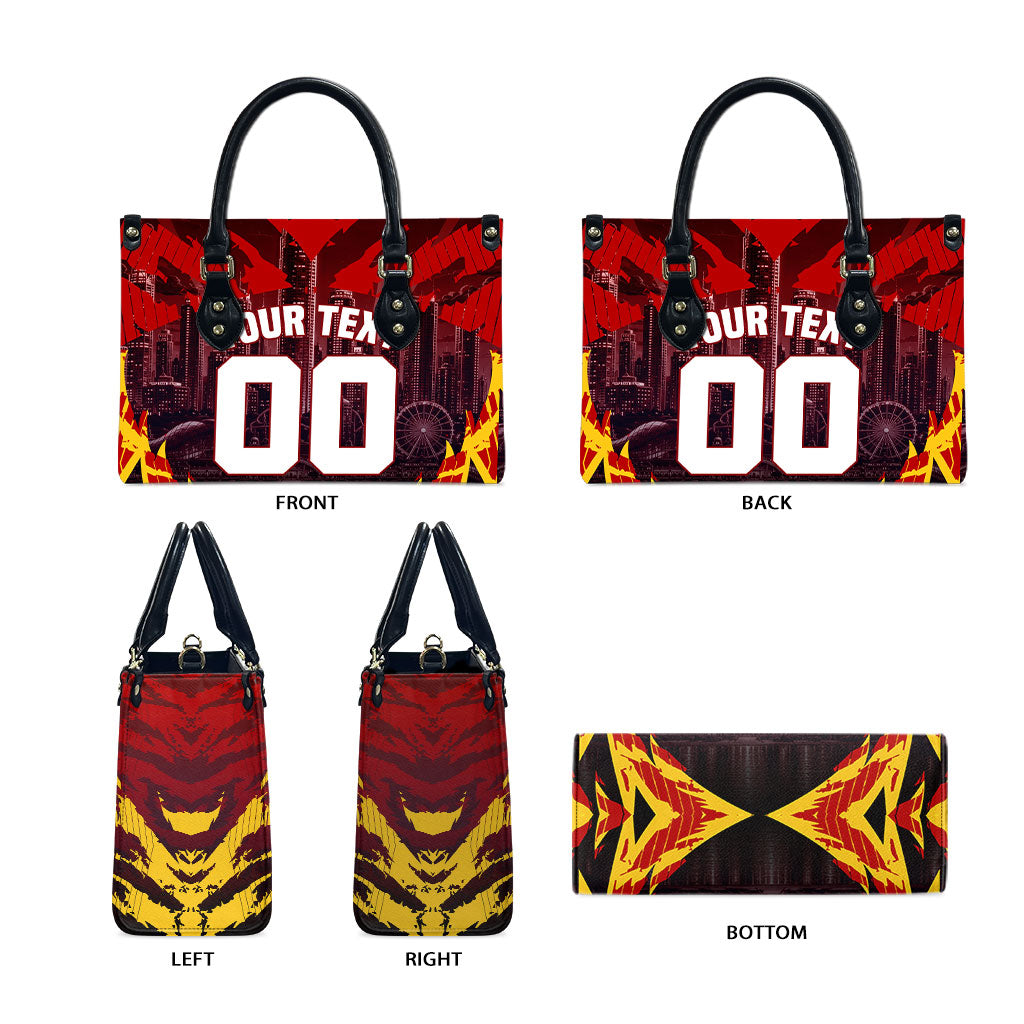 Personalised Gold Coast Suns Football Leather Bag Electric Red Flame Mascot Charging Cityscape