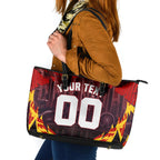 Personalised Gold Coast Suns Football Leather Tote Bag Electric Red Flame Mascot Charging Cityscape
