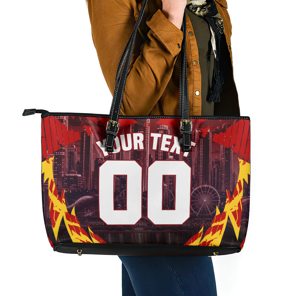 Personalised Gold Coast Suns Football Leather Tote Bag Electric Red Flame Mascot Charging Cityscape
