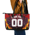 Personalised Gold Coast Suns Football Leather Tote Bag Electric Red Flame Mascot Charging Cityscape
