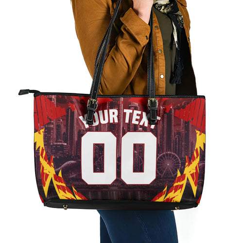 Personalised Gold Coast Suns Football Leather Tote Bag Electric Red Flame Mascot Charging Cityscape