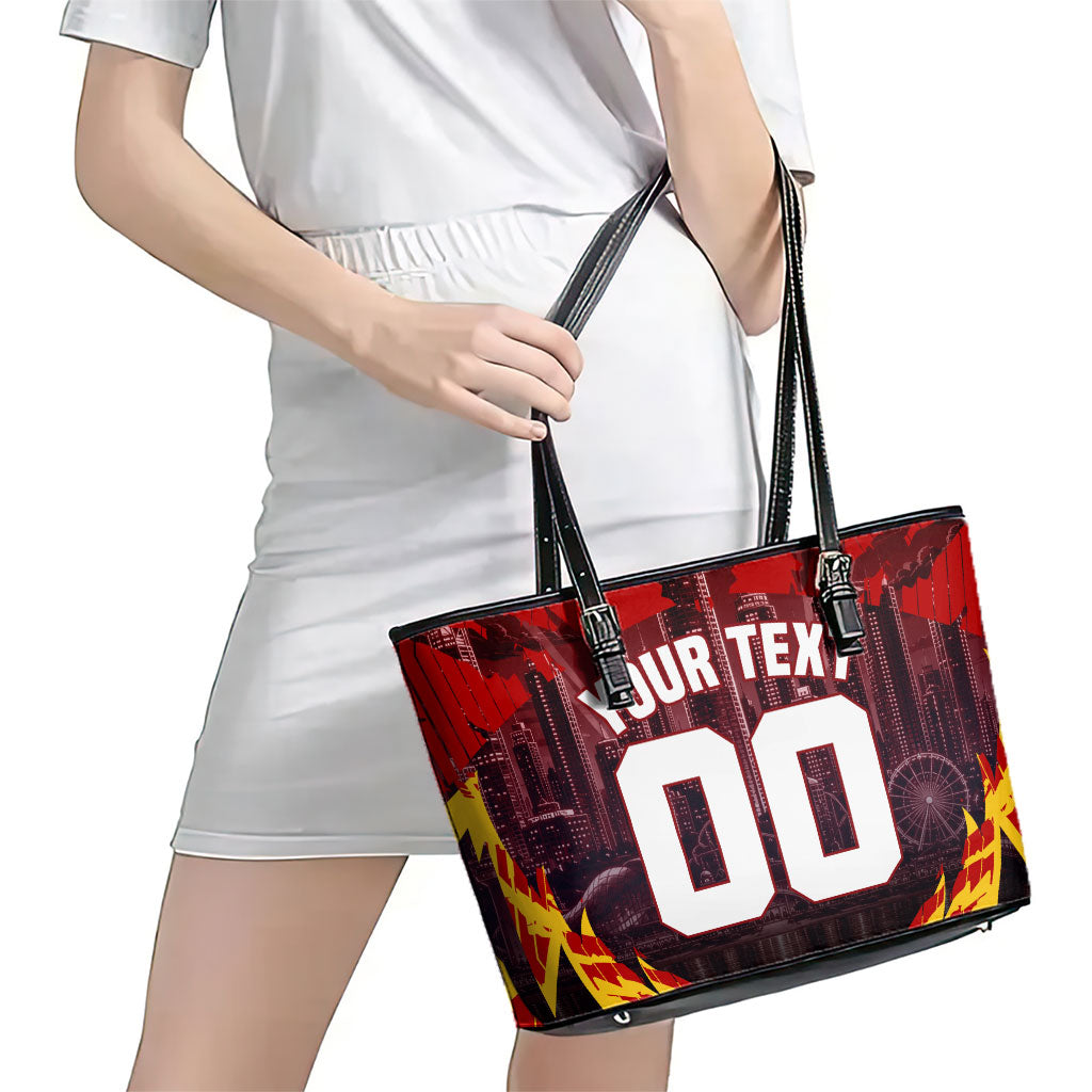 Personalised Gold Coast Suns Football Leather Tote Bag Electric Red Flame Mascot Charging Cityscape