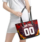 Personalised Gold Coast Suns Football Leather Tote Bag Electric Red Flame Mascot Charging Cityscape