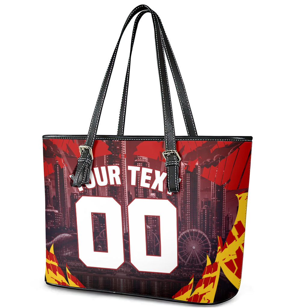 Personalised Gold Coast Suns Football Leather Tote Bag Electric Red Flame Mascot Charging Cityscape