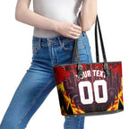 Personalised Gold Coast Suns Football Leather Tote Bag Electric Red Flame Mascot Charging Cityscape